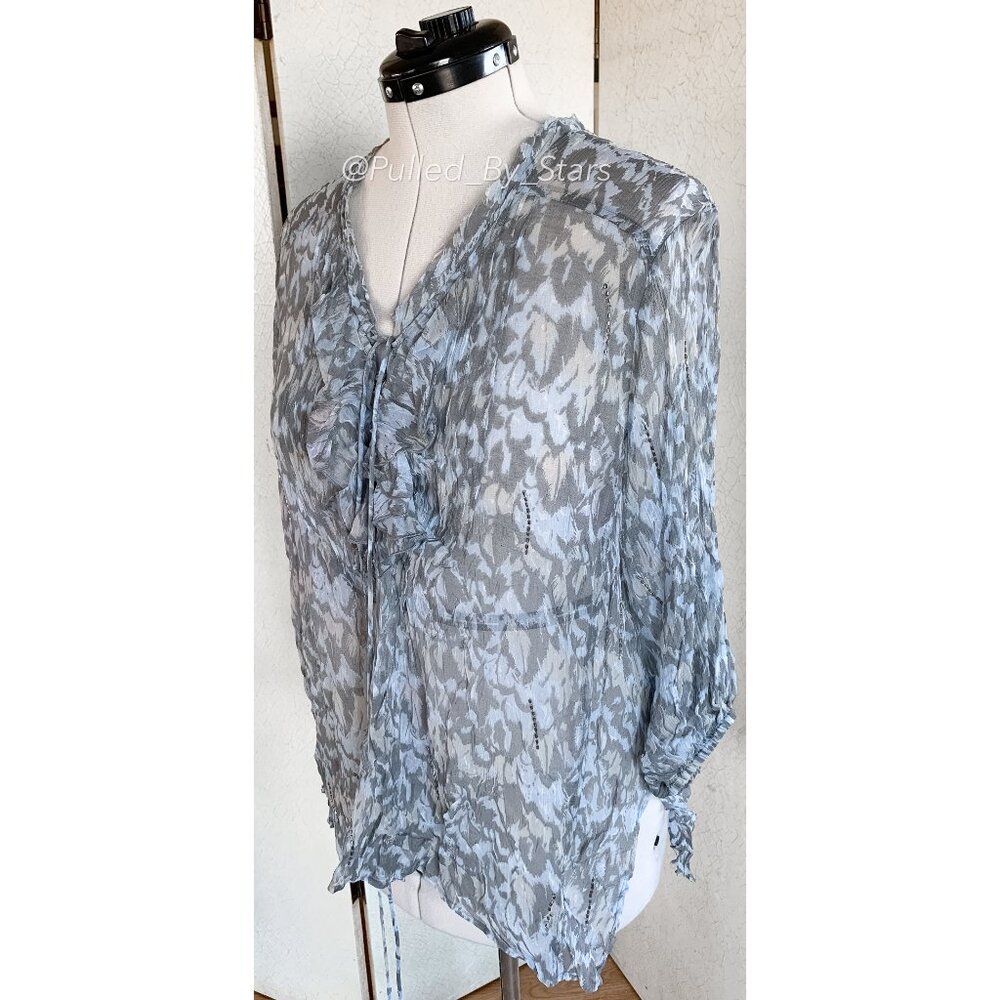 CHAN LUU Blue & Gray Sheer Viscose Blouse with Beaded Embellishments | Size M - Picture 6 of 14